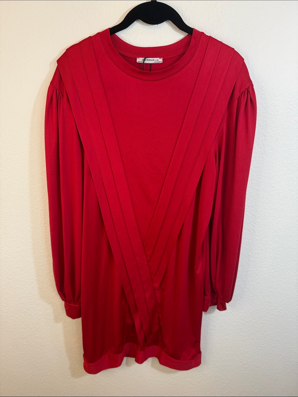 ZARA Red Long Sleeve Pleated Front Dress